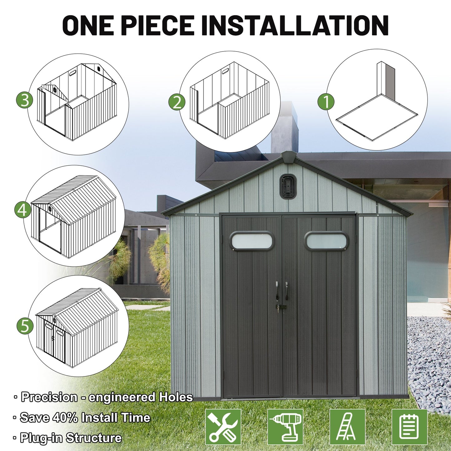 8X10FT outdoor resin storage shed by HouseOfZazla; grey vertical siding with double doors on Tampa Home & Garden Store