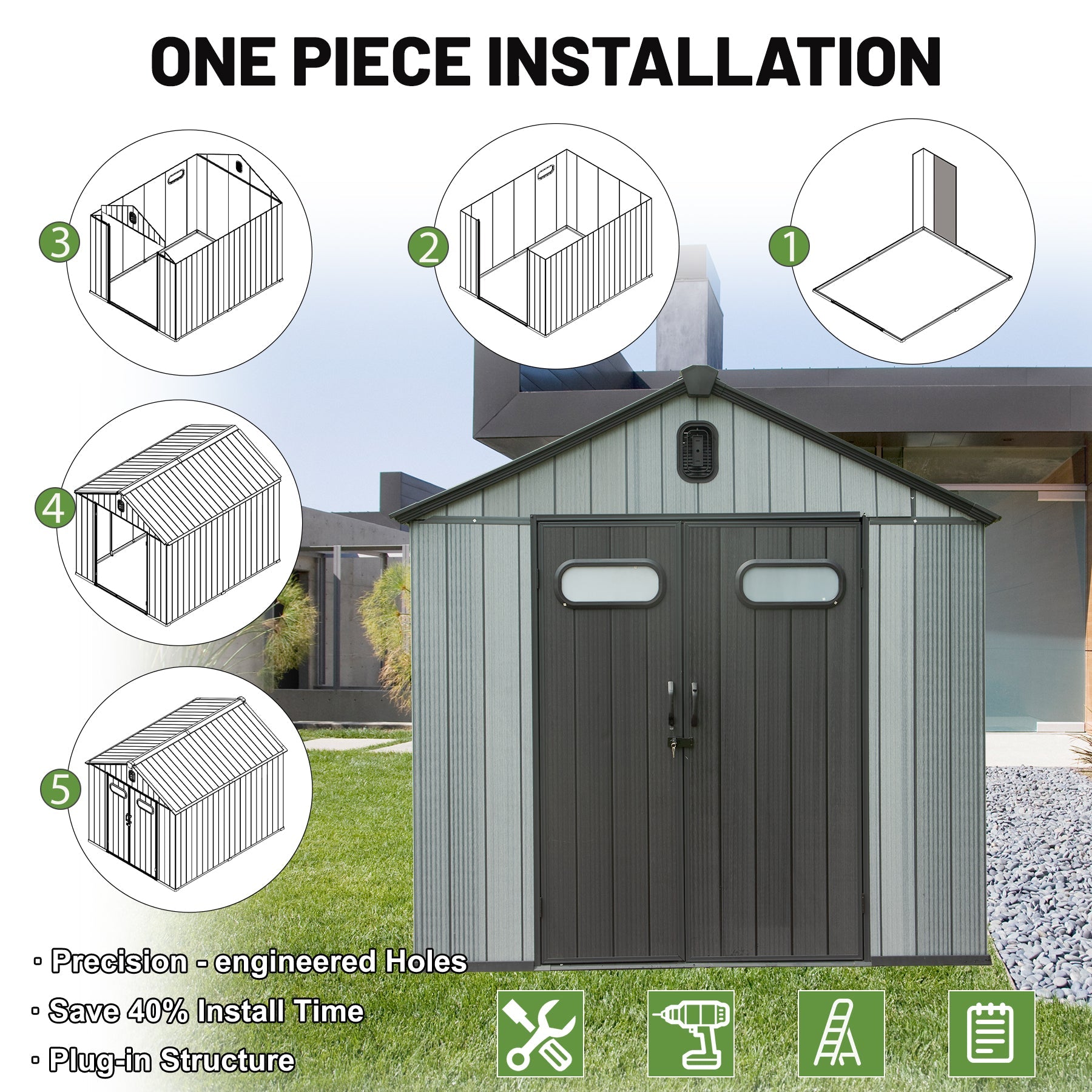 8X10FT outdoor resin storage shed by HouseOfZazla; grey vertical siding with double doors on Tampa Home & Garden Store