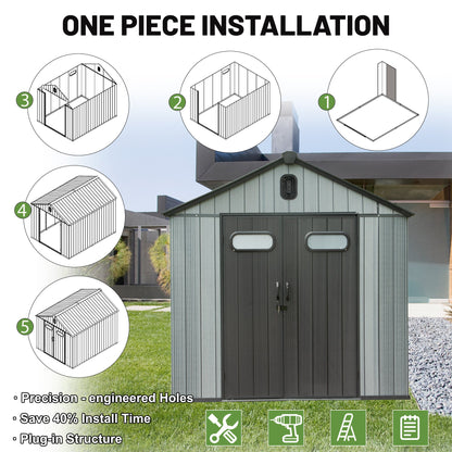 8X10FT outdoor resin storage shed by HouseOfZazla; grey vertical siding with double doors on Tampa Home & Garden Store