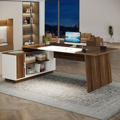 L-shaped executive desk with white and walnut finish, storage cabinet and shelves HouseOfZazla on Tampa Home & Garden Store