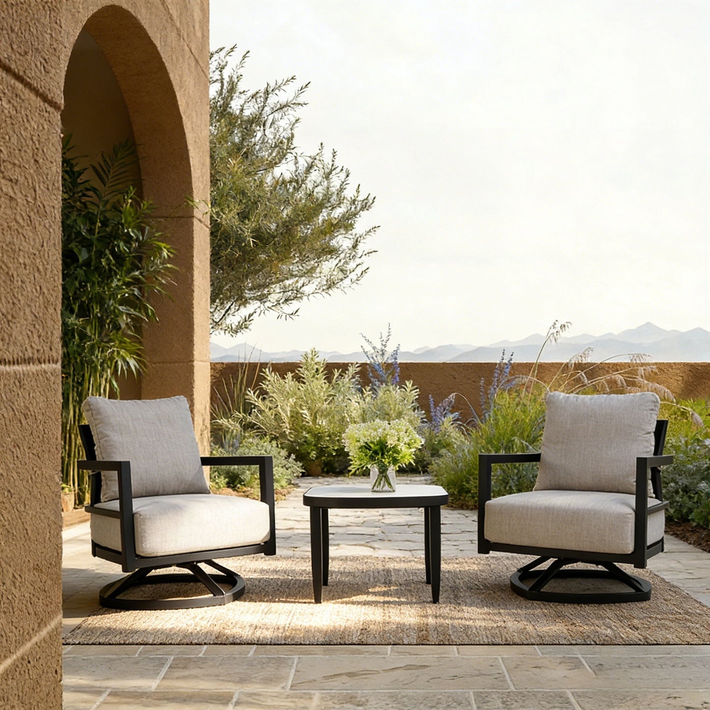 3 piece outdoor chat set by HouseOfZazla with Sunbrella beige cushions and round side table on Tampa Home & Garden Store