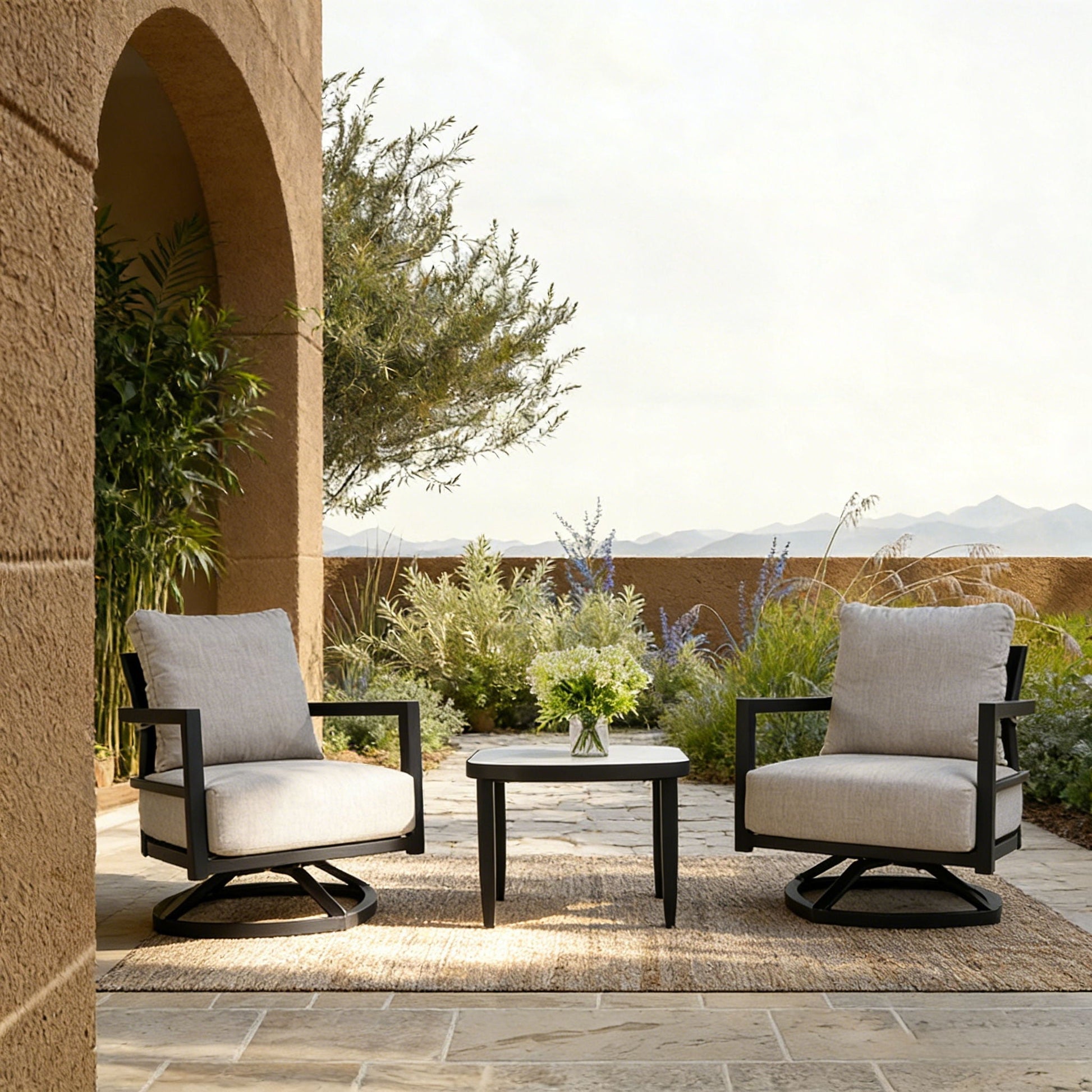 3 piece outdoor chat set by HouseOfZazla with Sunbrella beige cushions and round side table on Tampa Home & Garden Store