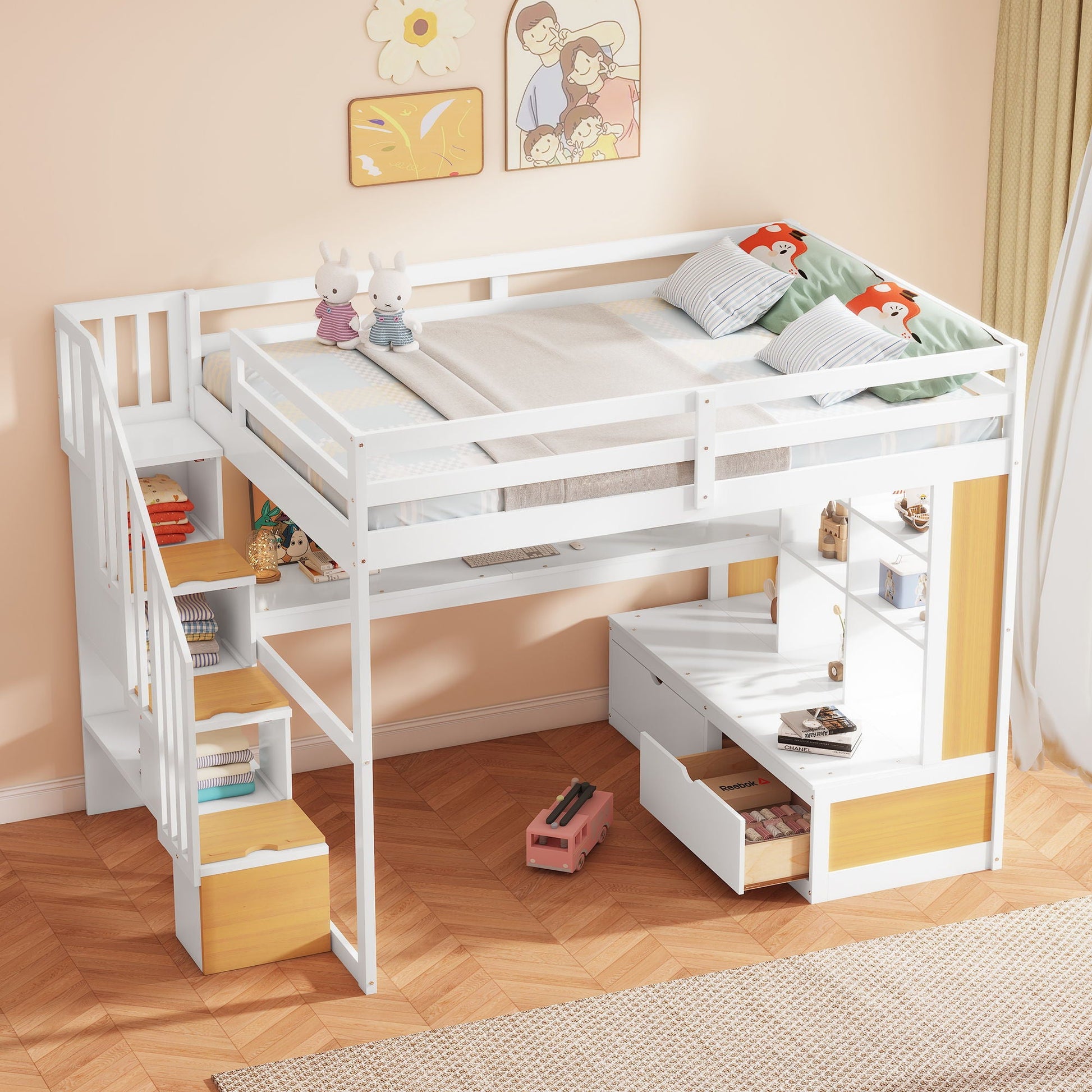 Full-size loft bed with desk, shelves and 2 built-in drawers in white with wood accents on Tampa Home & Garden Store