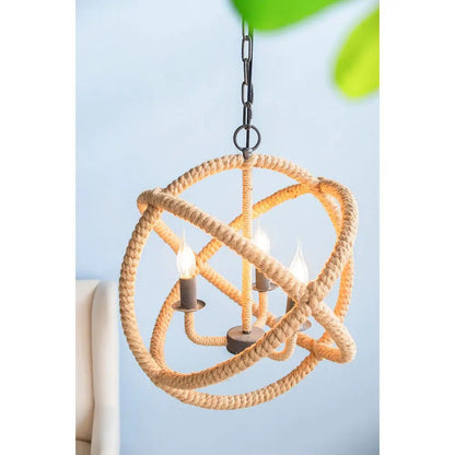 3-light farmhouse rope chandelier in beige brown with adjustable chain bulbs not included on Tampa Home & Garden Store