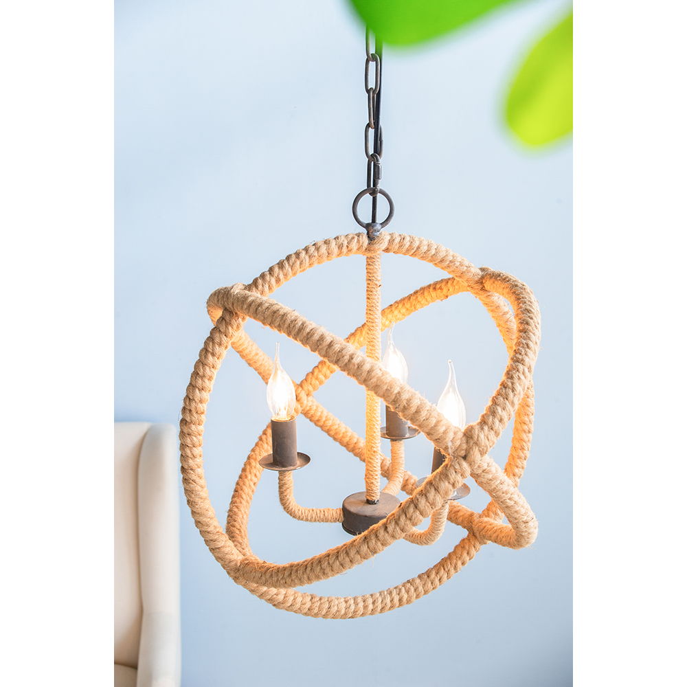 Three-light farmhouse rope globe chandelier with beige brown rope and adjustable chain on Tampa Home & Garden Store
