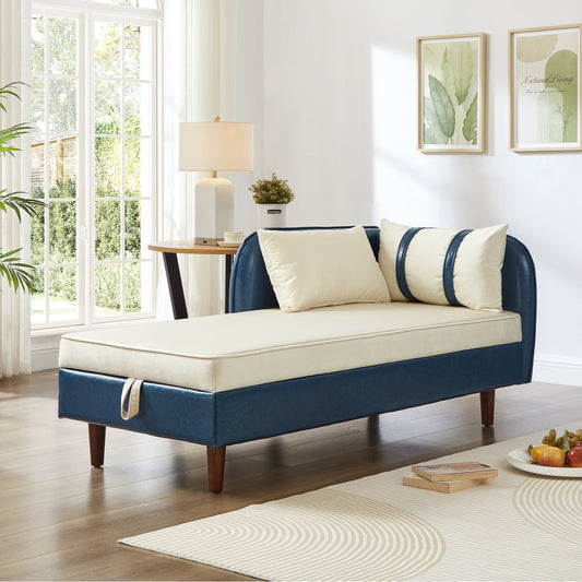 65in storage chaise lounge sofa in navy blue faux leather with cream cushions on Tampa Home & Garden Store
