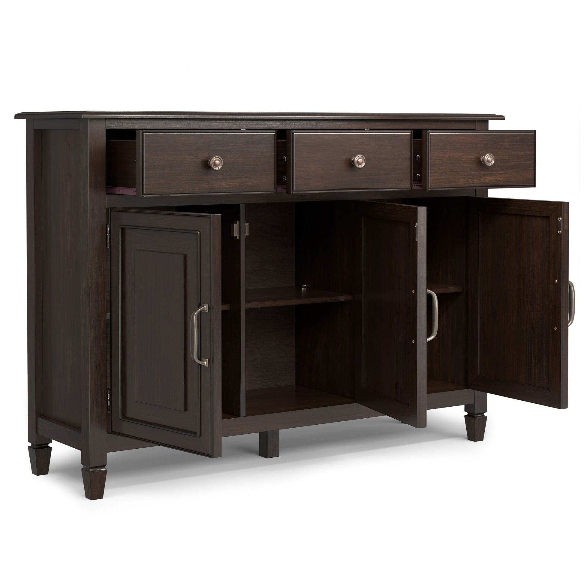 Connaught wide entryway storage cabinet in dark espresso wood with three drawers and bronze knobs on Tampa Home & Garden Store