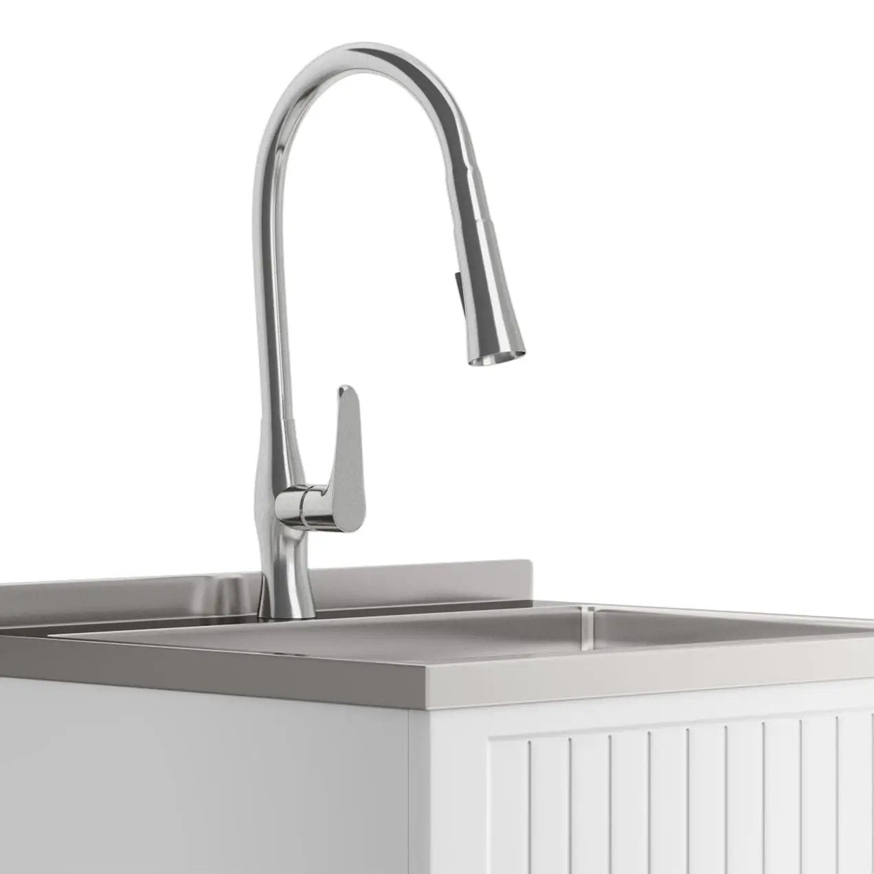 Beckham laundry vanity stainless sink and chrome gooseneck faucet Unique Piece Furniture on Tampa Home & Garden Store