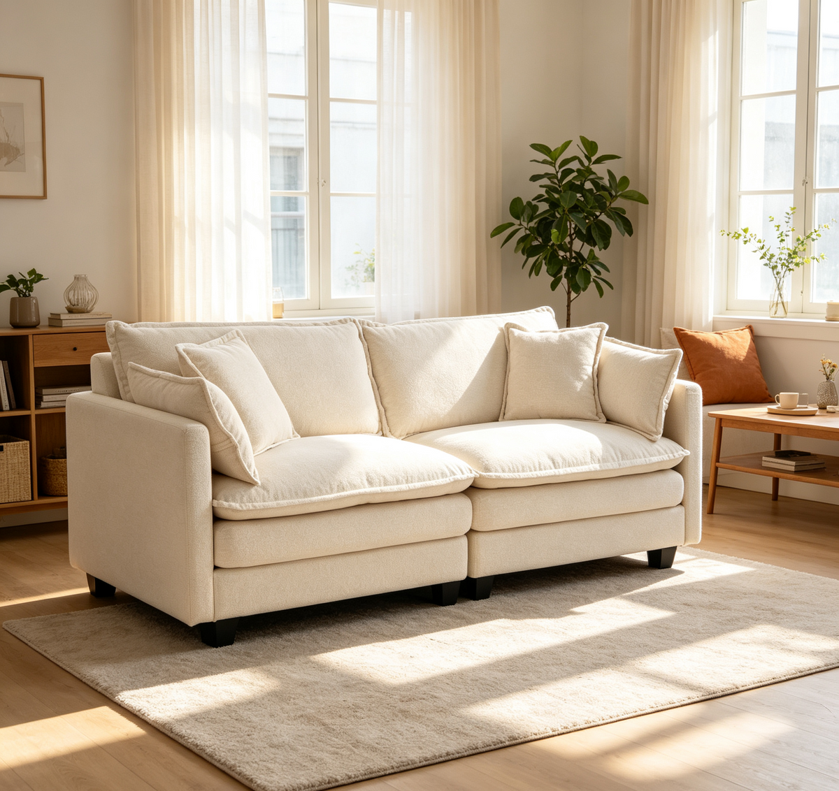 Modern 2-Seats Sectional Sofa with Waist Pillows in beige fabric by HouseOfZazla on Tampa Home & Garden Store