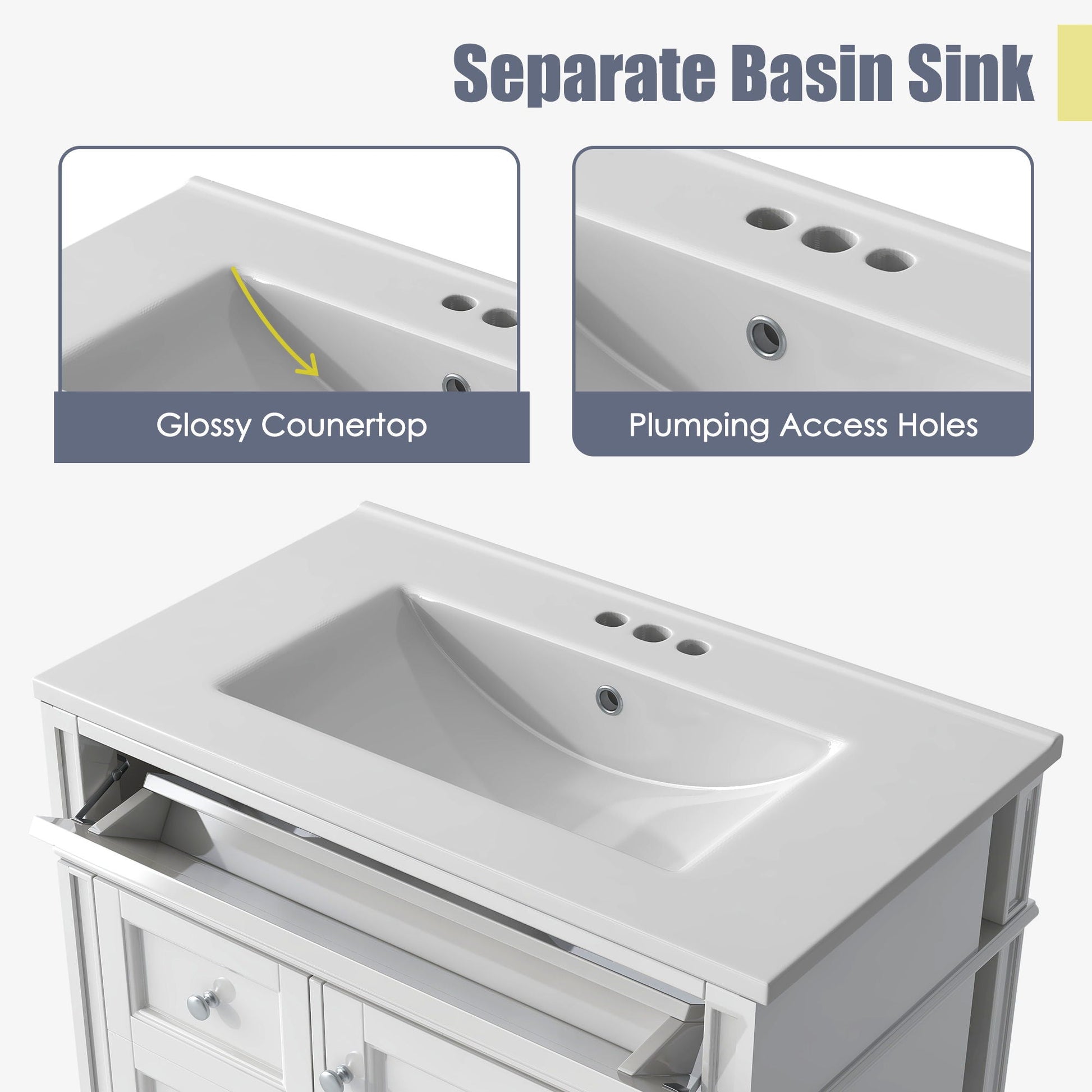 HouseOfZazla glossy countertop bathroom vanity with top sink, 2 drawers and tip-out drawer on Tampa Home & Garden Store