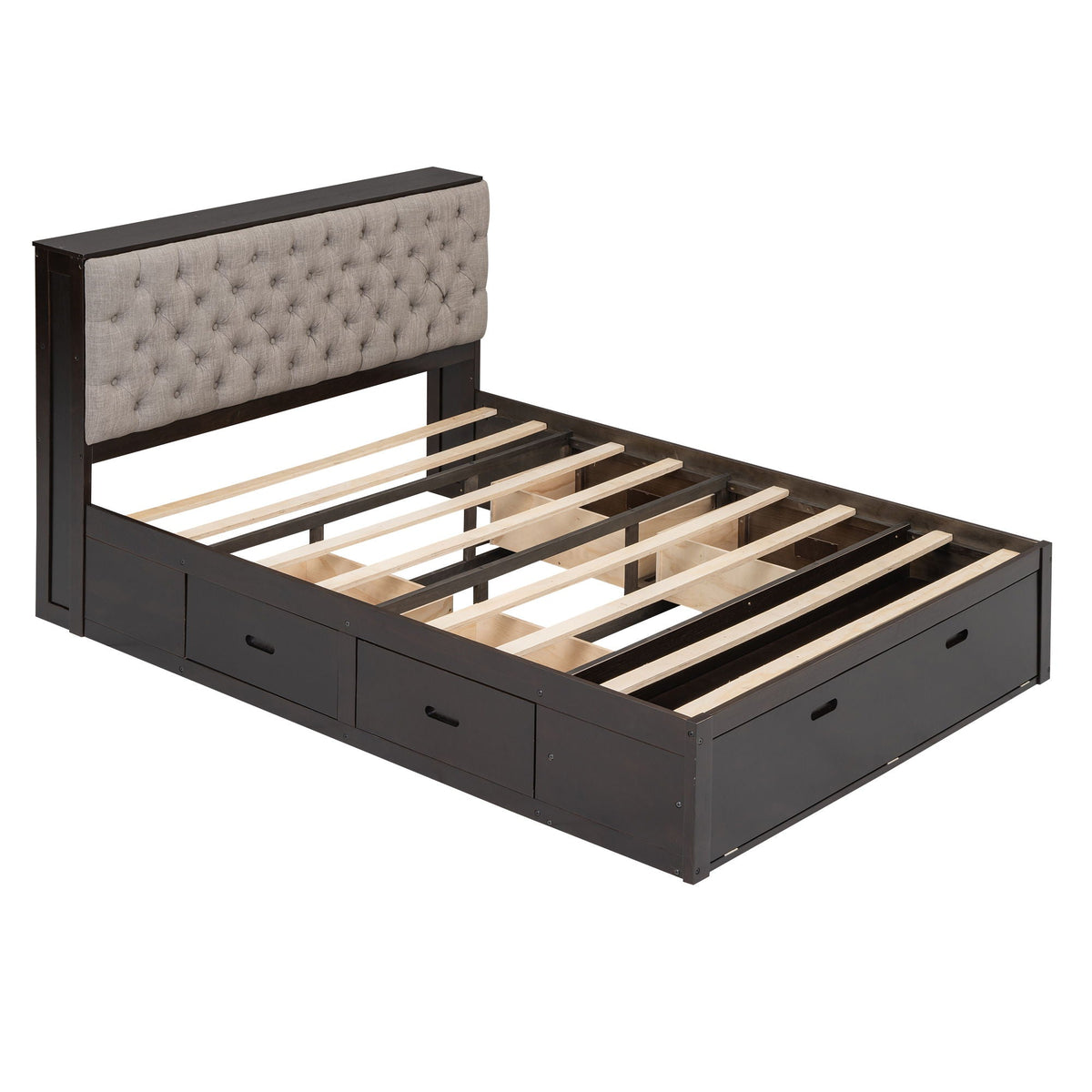 Platform bed with tufted gray headboard and 4 storage drawers in dark wood frame HouseOfZazla on Tampa Home & Garden Store