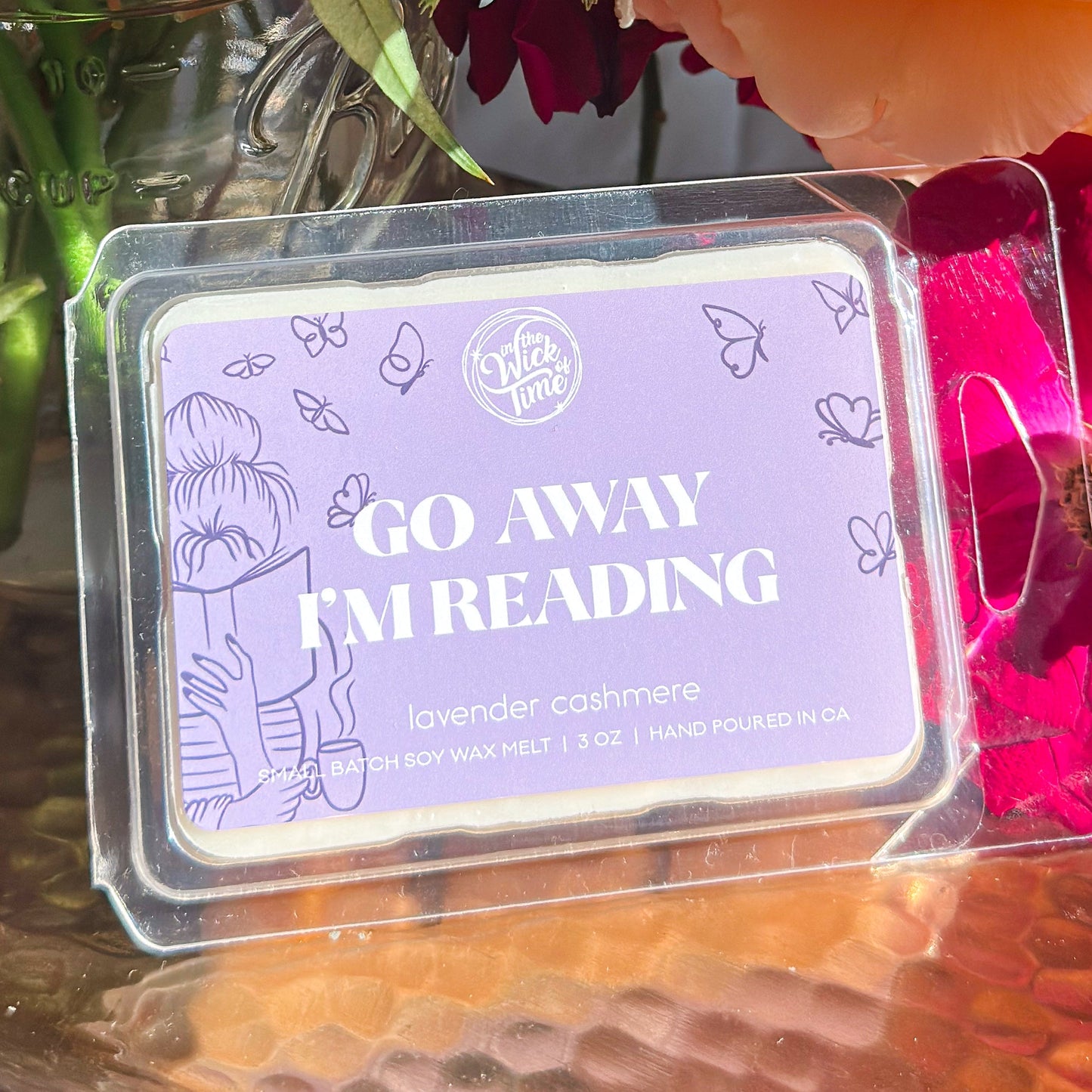 Go Away I'm Reading wax melt by In the Wick of Time, lavender cashmere scent, purple packaging on Tampa Home & Garden Store