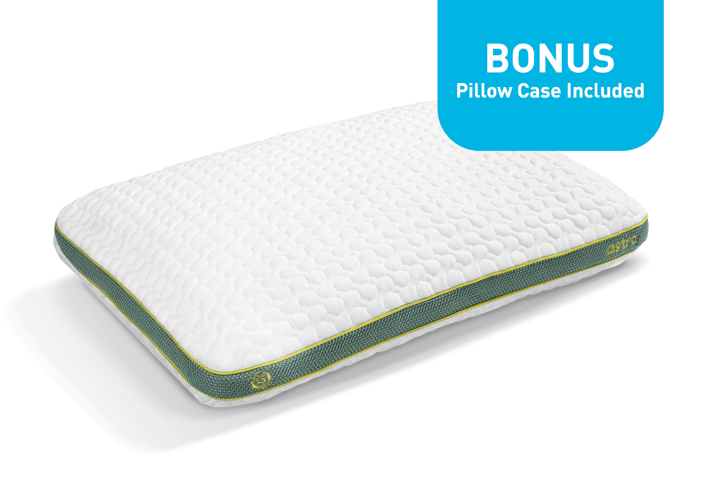 BedGear Astro Youth rectangle pillow with pillowcase white; quilted top, green edge with yellow piping on Tampa Home & Garden Store