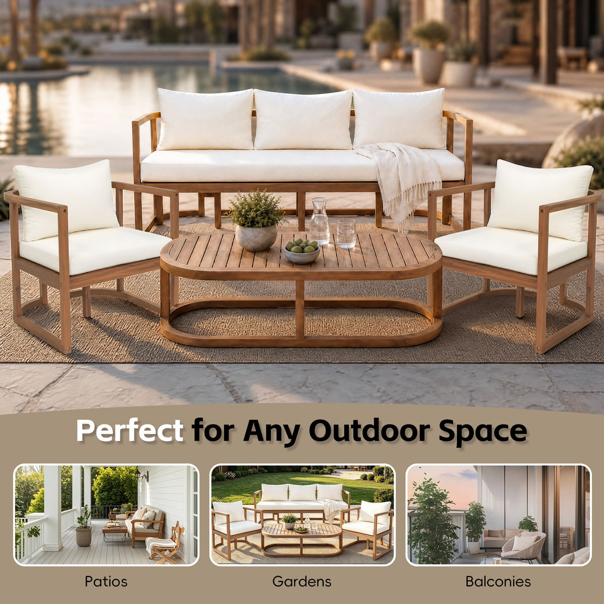 TOPMAX 4-Piece Modern Acacia Wood Patio Sofa Set with white cushions, circular coffee table on Tampa Home & Garden Store