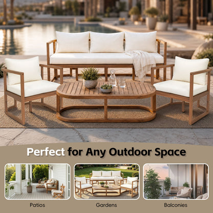 TOPMAX 4-Piece Modern Acacia Wood Patio Sofa Set with white cushions, circular coffee table on Tampa Home & Garden Store