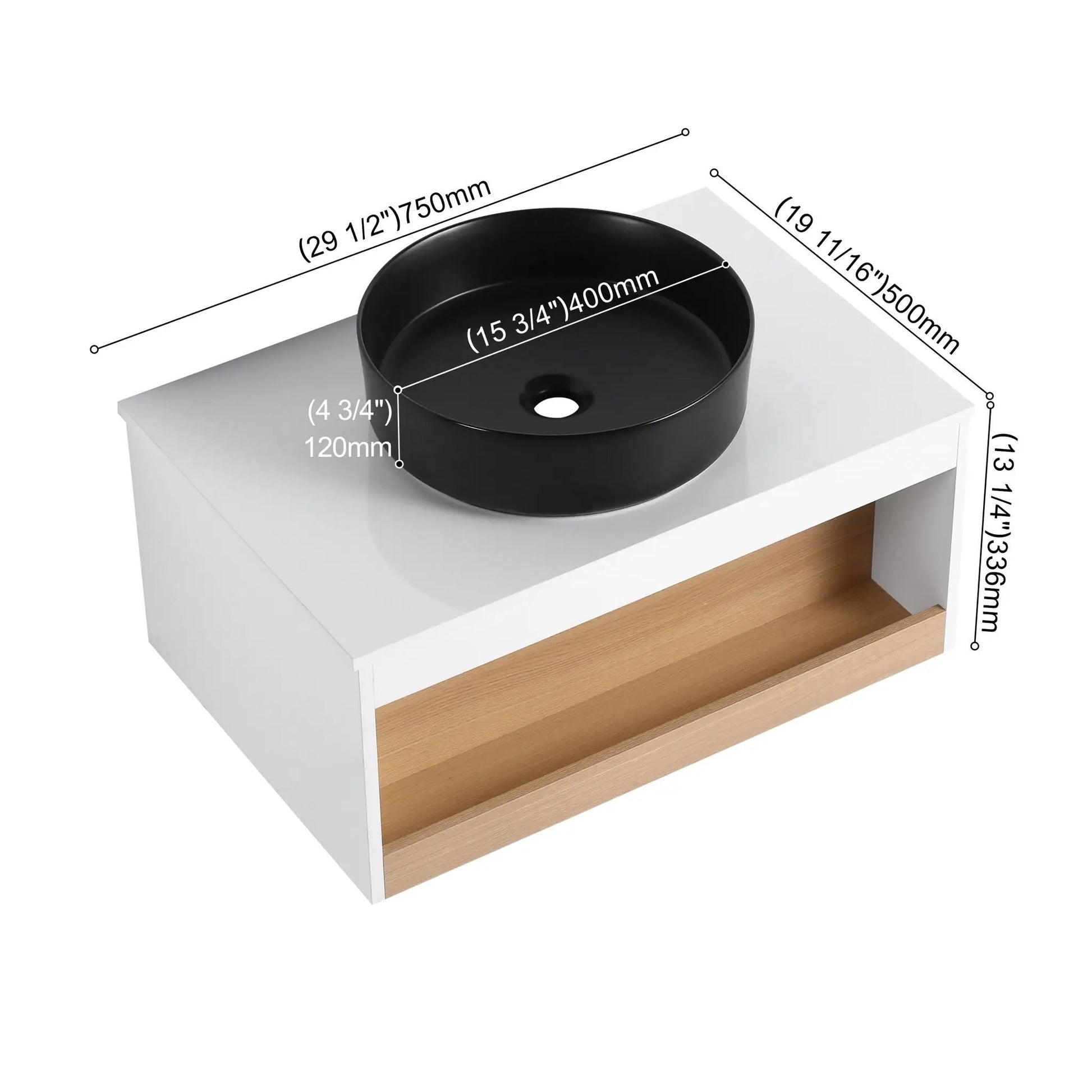Floating vanity with glossy black round vessel sink on white cabinet with wood shelf on Tampa Home & Garden Store