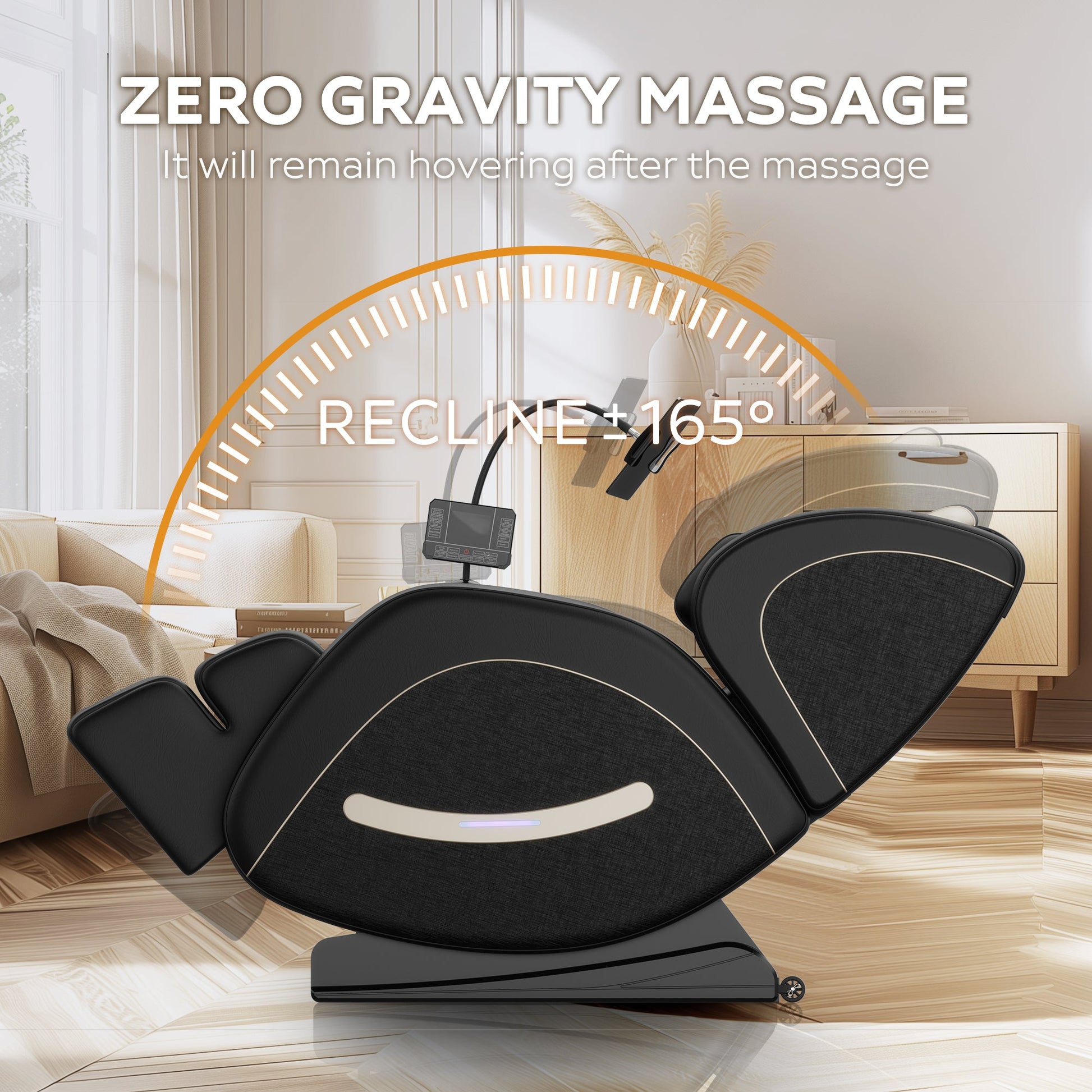 Black leather massage recliner chairs with zero gravity and full body air pressure in living room on Tampa Home & Garden Store