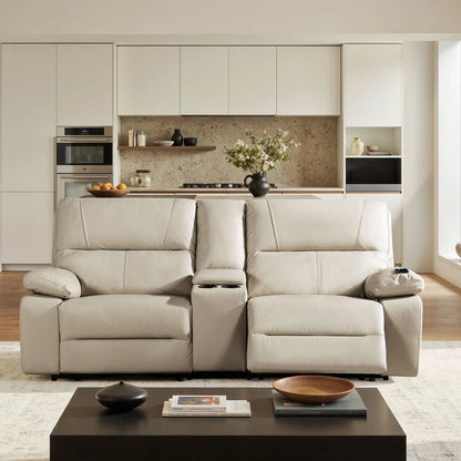 Malibu Power Motion 3pc Reclining Loveseat in cream beige with cup holders in living room on Tampa Home & Garden Store