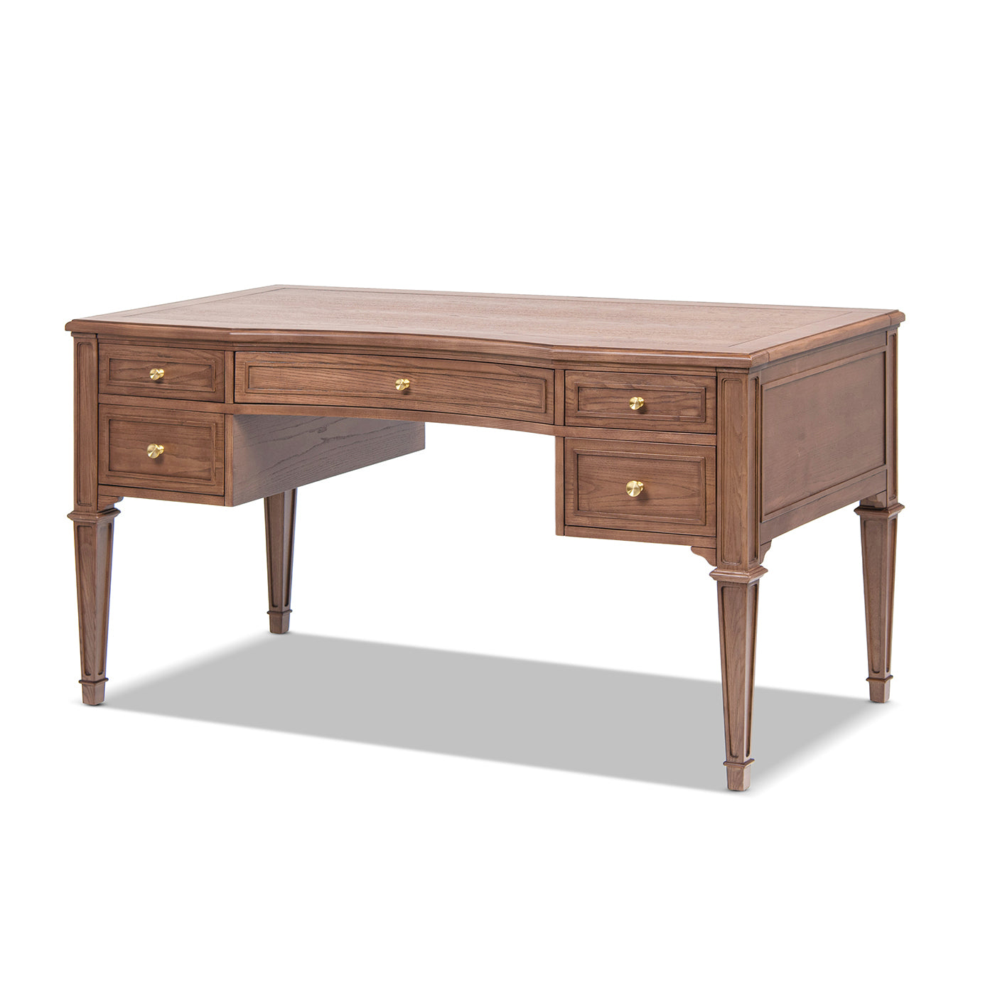 Dauphin gold-accent 5-drawer wood executive desk in brown ash veneer with brass knobs on Tampa Home & Garden Store