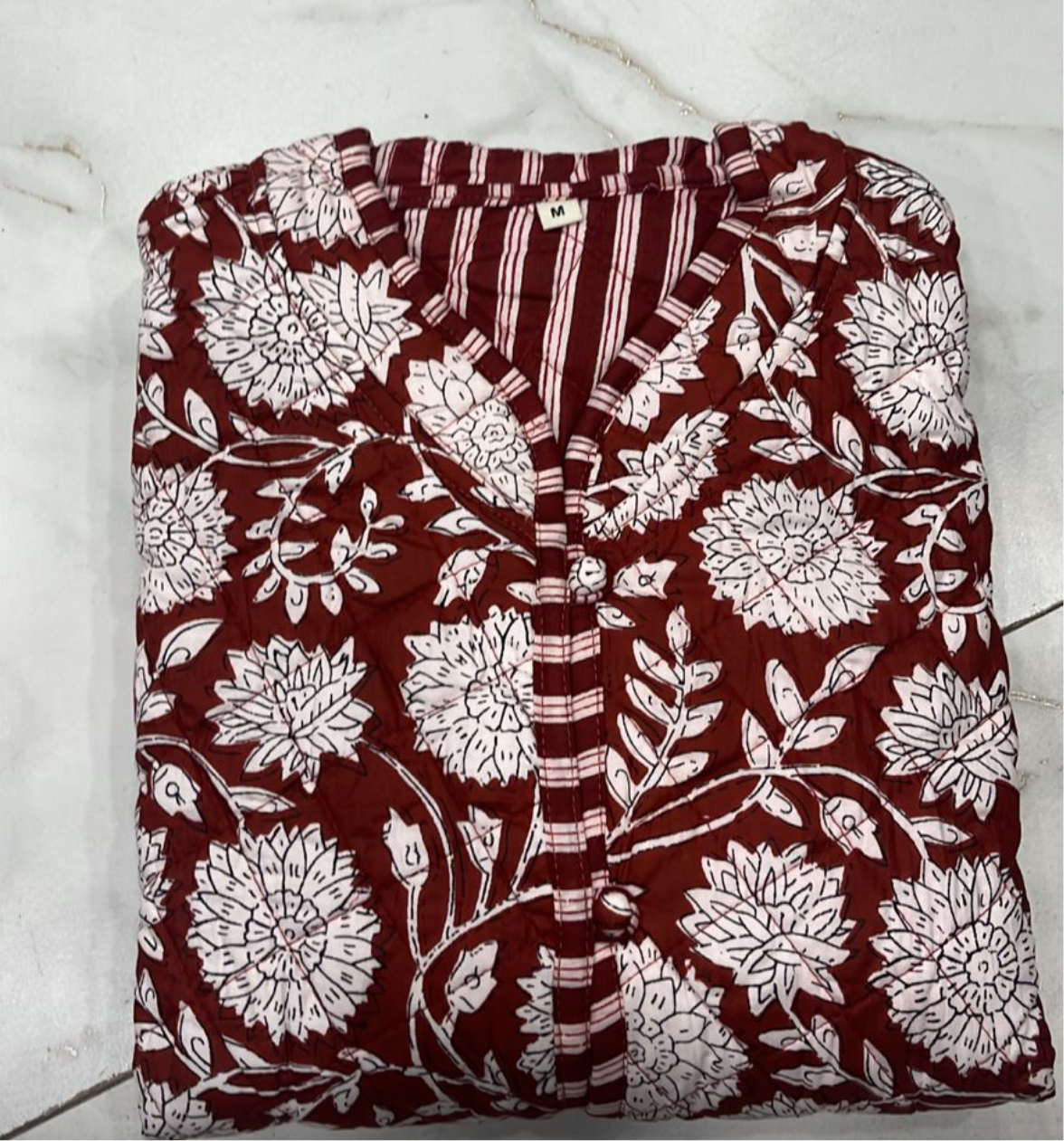 The Charlotte Jacket in Maroon Posy, maroon floral quilt with striped trim, size M on Tampa Home & Garden Store