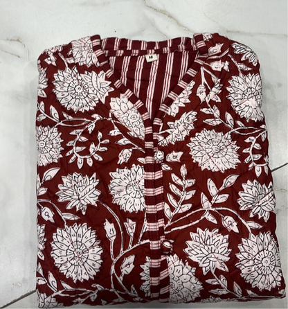 The Charlotte Jacket in Maroon Posy, maroon floral quilt with striped trim, size M on Tampa Home & Garden Store