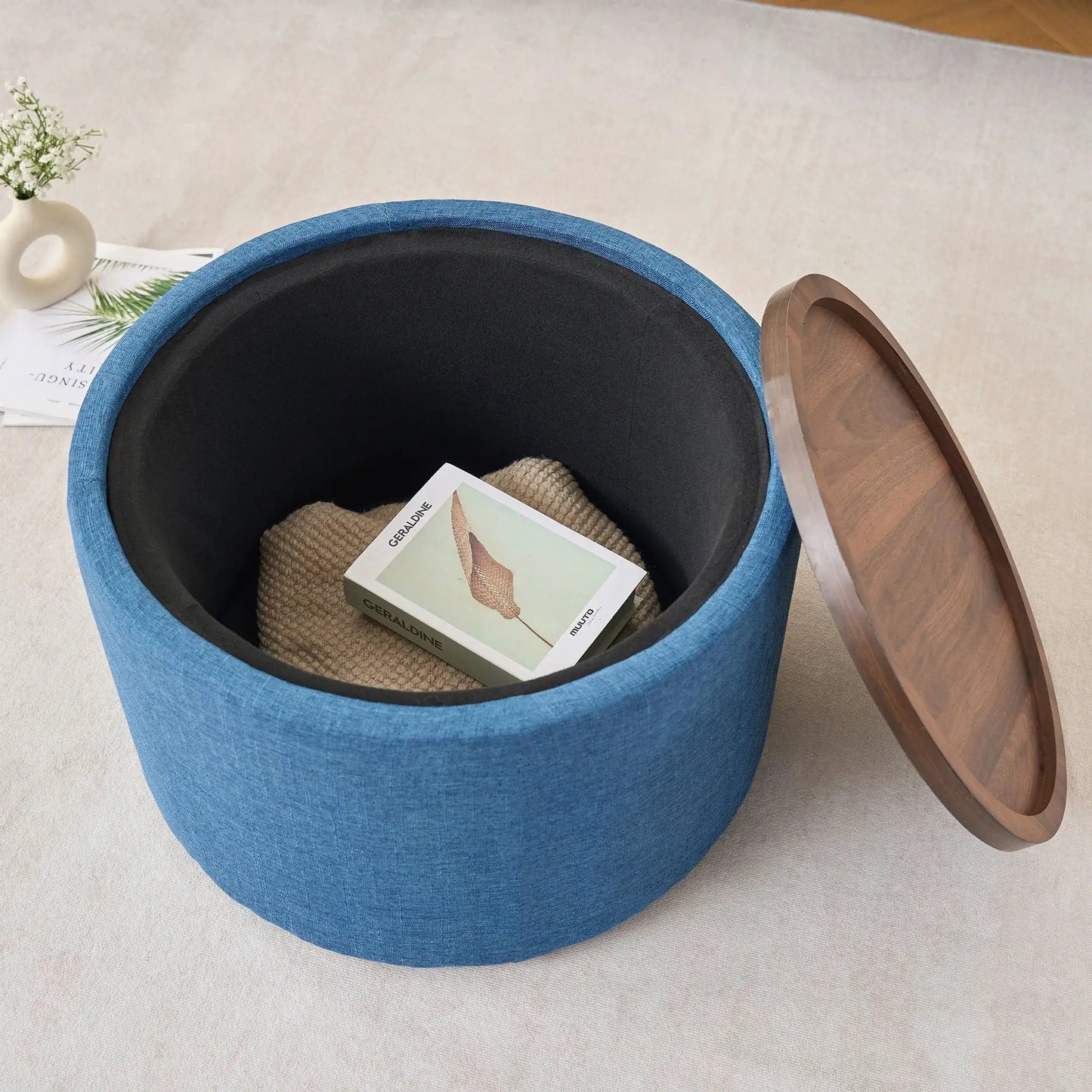Unique Piece Furniture blue round nesting ottoman with black interior and tray, set of 2 on Tampa Home & Garden Store