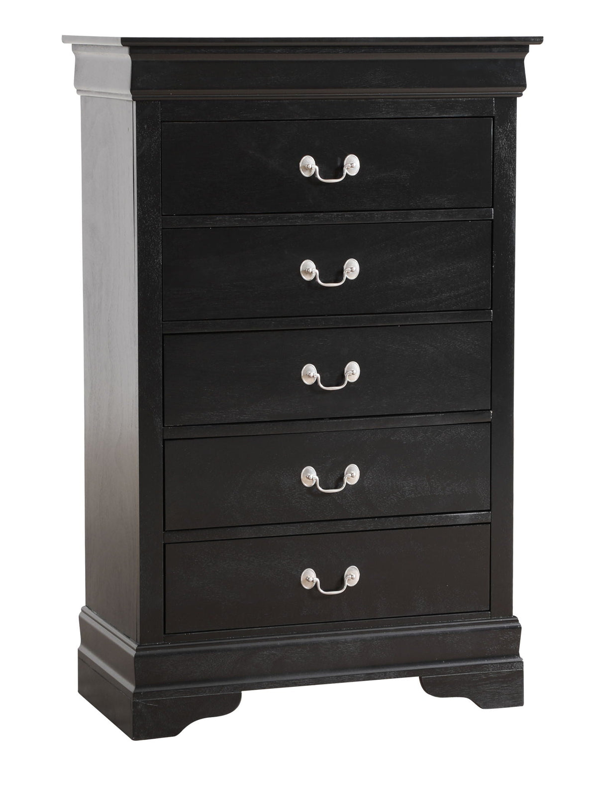 Classic carved accent chest with English dovetail drawers in black finish and silver pulls on Tampa Home & Garden Store