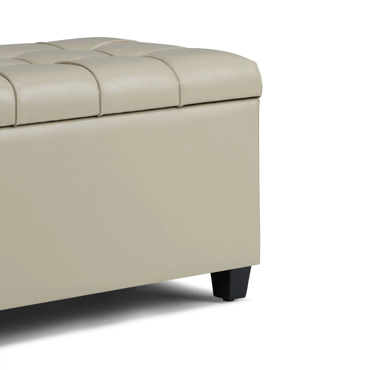 Sienna Upholstered Storage Ottoman Bench beige with tufted panels and dark wood legs on Tampa Home & Garden Store