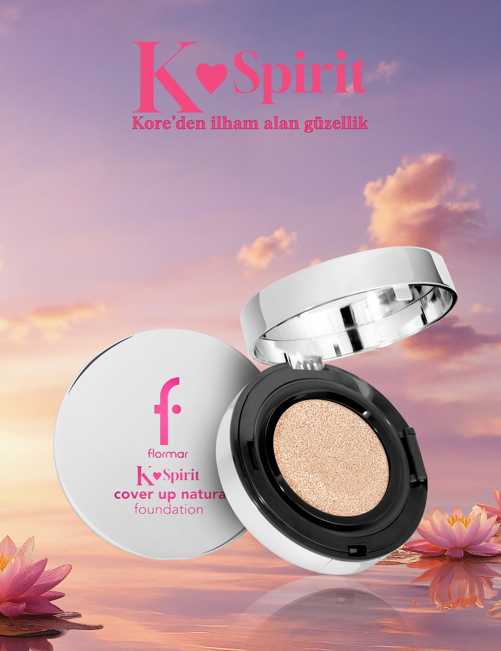 Flormar K-Spirit cushion foundation compact open to show beige natural shade with silver lid on Tampa Home & Garden Store
