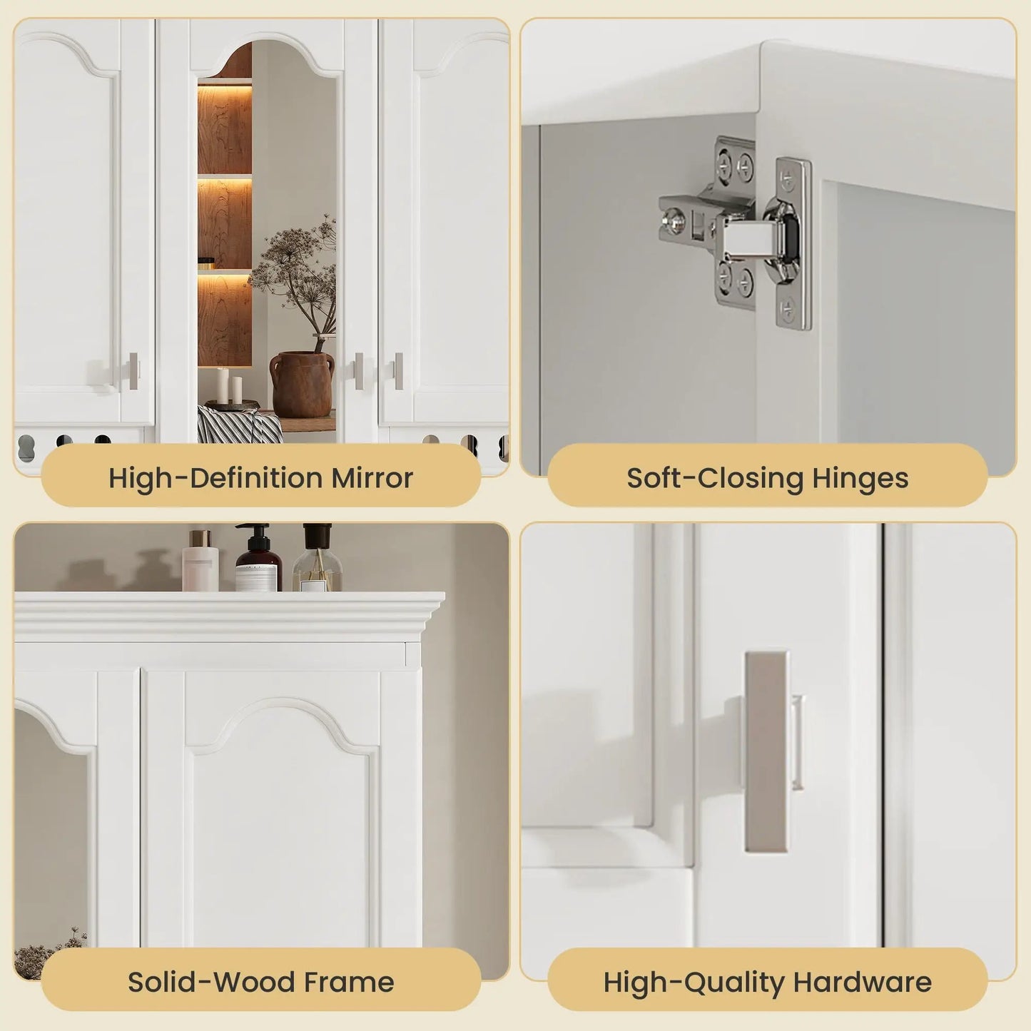 Wall mount mirror cabinet with adjustable shelves, white solid frame, soft-closing hinges on Tampa Home & Garden Store