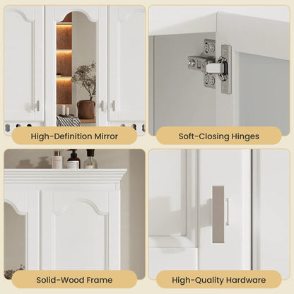 Wall mount mirror cabinet with adjustable shelves, white solid frame, soft-closing hinges on Tampa Home & Garden Store