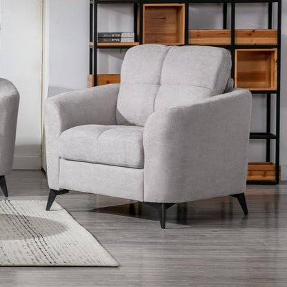 Callie woven fabric arm chair in light gray with black tapered legs on Tampa Home & Garden Store