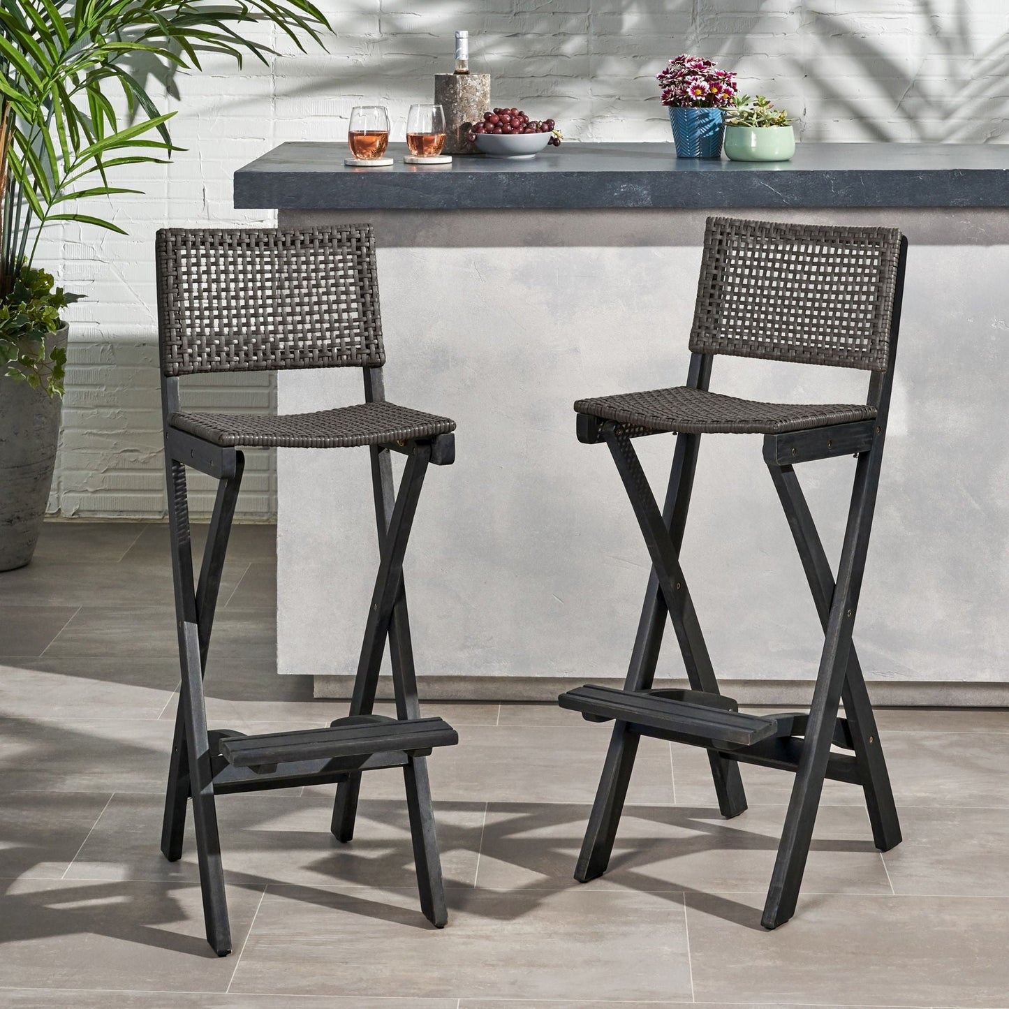 Outdoor folding bar stools with woven rattan back and seat, black metal frames, 2 stools on Tampa Home & Garden Store