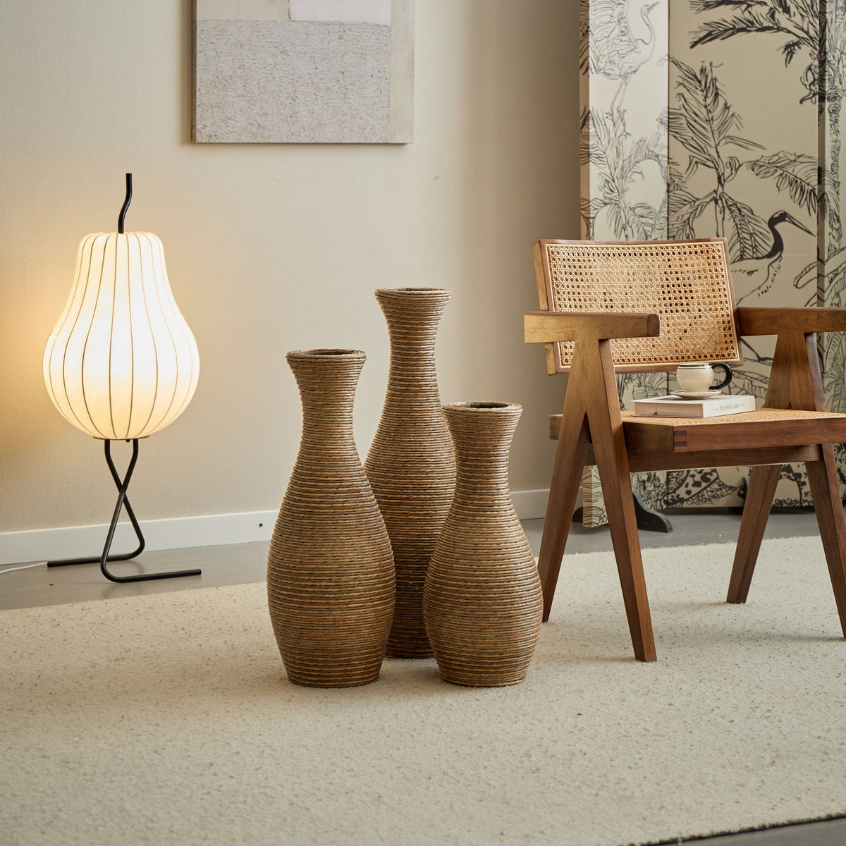 3-piece beige artificial rattan floor vase set by HouseOfZazla; woven vases of varying heights on Tampa Home & Garden Store