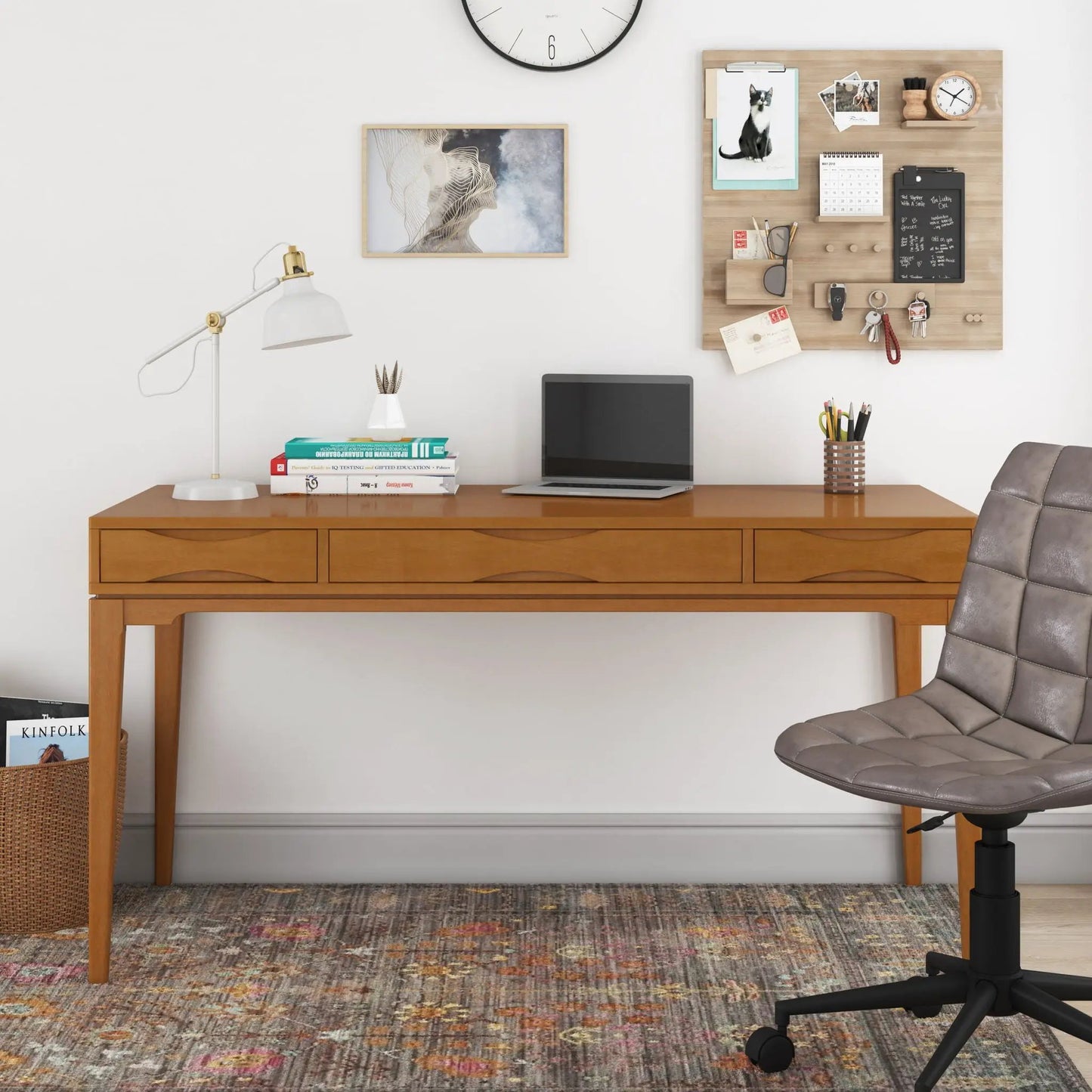 Harper handcrafted writing desk in light oak by Unique Piece Furniture with laptop and lamp on Tampa Home & Garden Store
