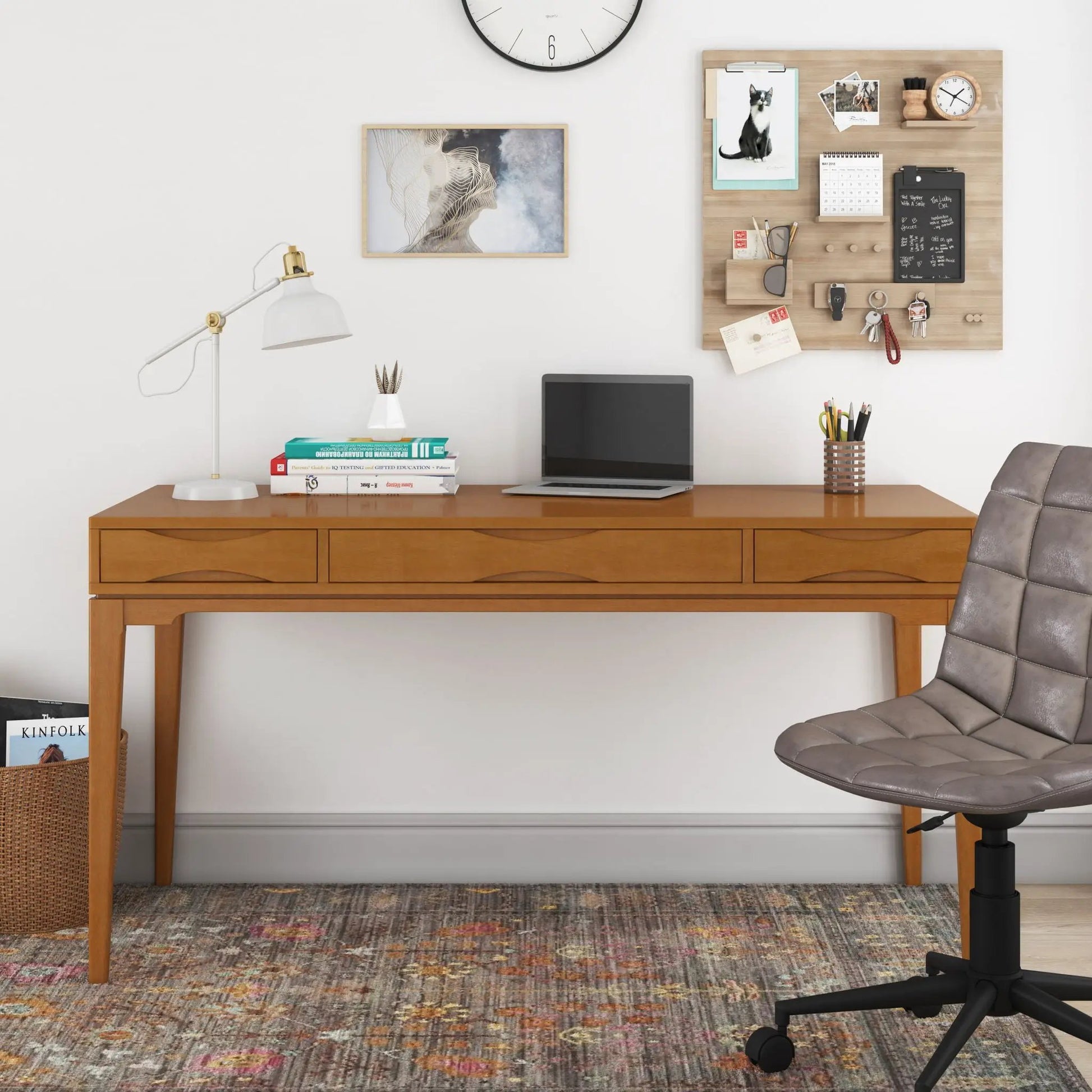 Harper handcrafted writing desk in light oak by Unique Piece Furniture with laptop and lamp on Tampa Home & Garden Store