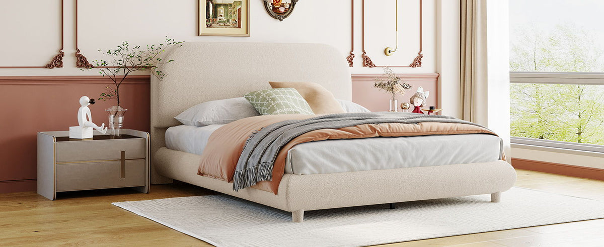 Upholstered platform bed with thick curved frame in beige fabric, HouseOfZazla on Tampa Home & Garden Store
