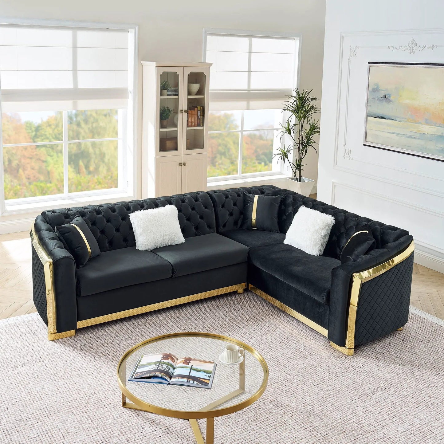 L-Shaped Chesterfield sectional in black leather with tufted cushions and gold frame on Tampa Home & Garden Store