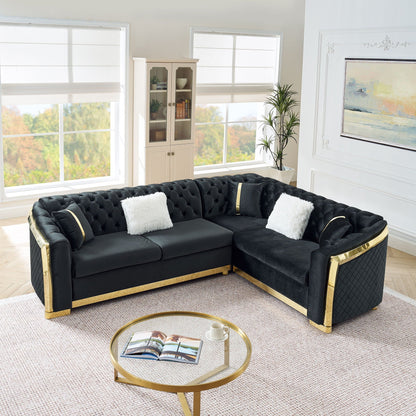 L-shaped Chesterfield sectional sofa with tufted upholstery and stainless steel accents on Tampa Home & Garden Store