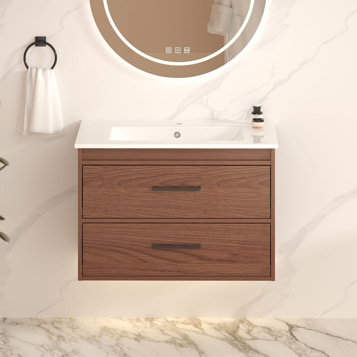 Reddish brown wall-mounted vanity with 2 soft-close drawers and white sink by HouseOfZazla on Tampa Home & Garden Store