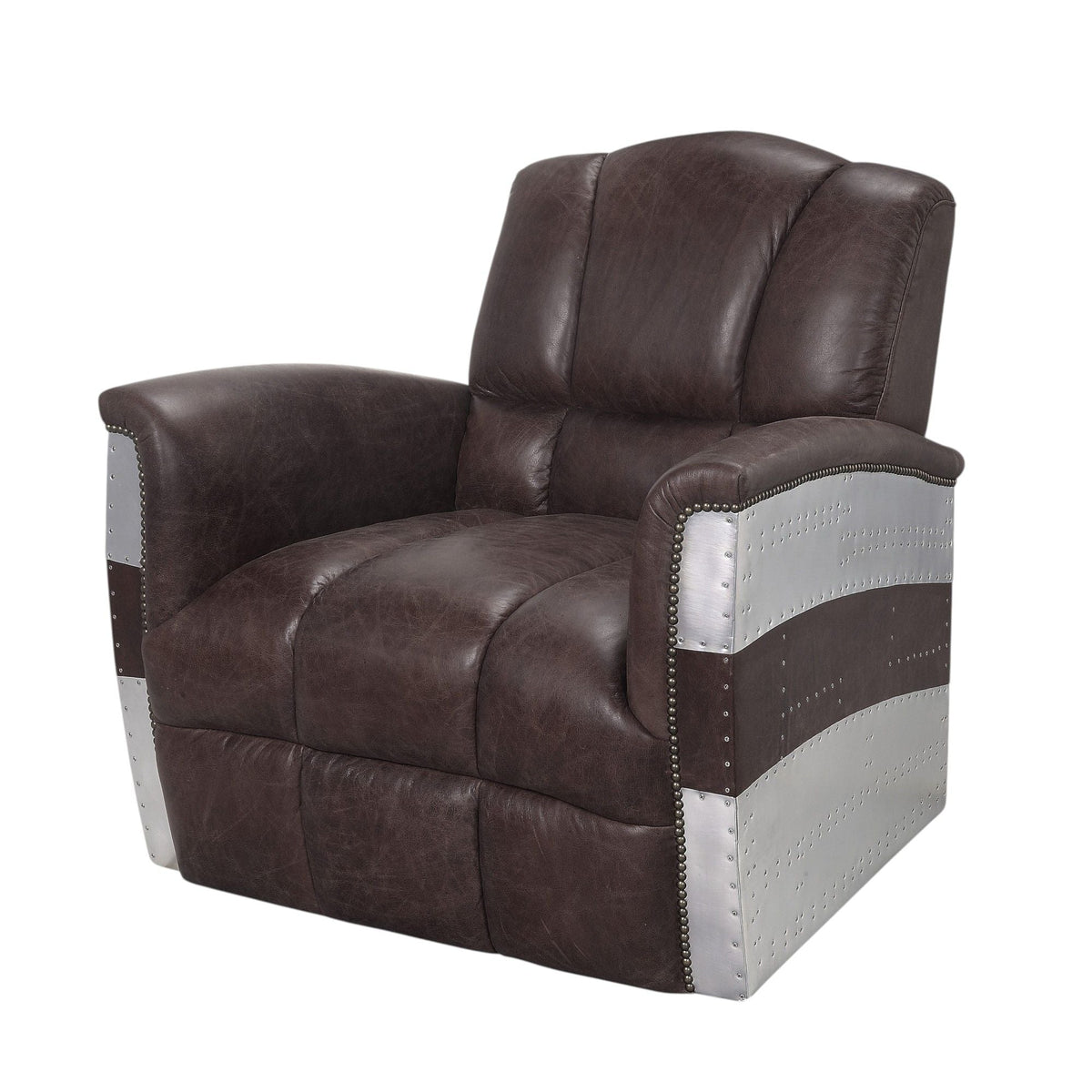 Brown accent arm chair with patchwork aluminum frame and leather upholstery, riveted silver sides on Tampa Home & Garden Store