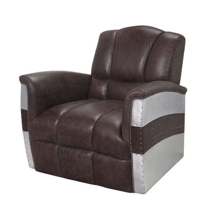 Brown accent arm chair with patchwork aluminum frame and leather upholstery, riveted silver sides on Tampa Home & Garden Store