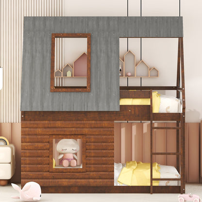 HouseOfZazla Twin Size House Bunk Bed with Roof and Ladder, Oak & Smoky Gray, 2 Windows on Tampa Home & Garden Store