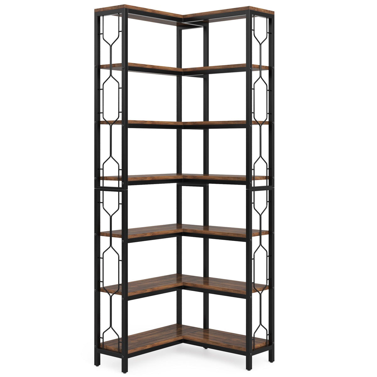 7 Tier Corner Bookshelf by HouseOfZazla with dark brown shelves and black metal hex design frame on Tampa Home & Garden Store