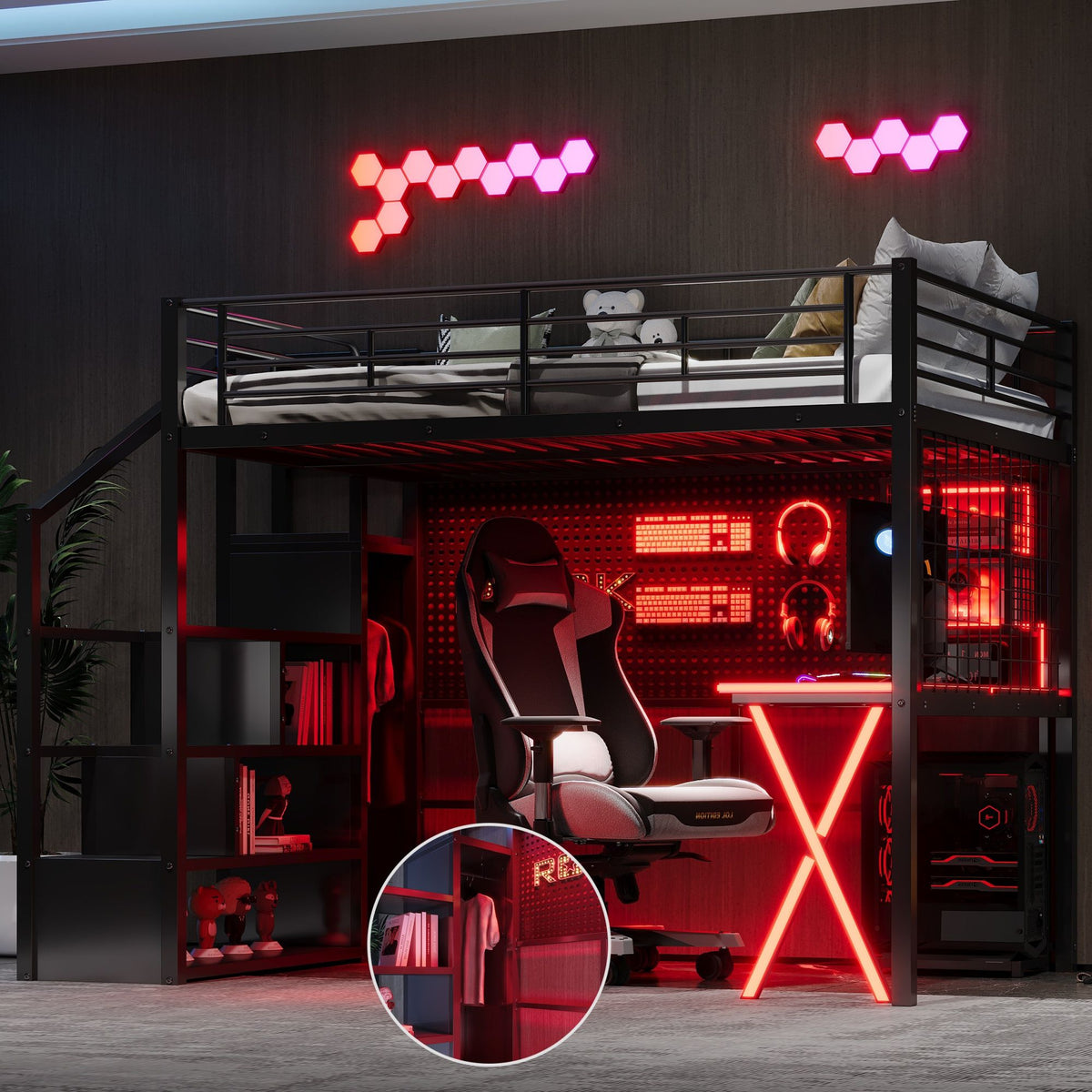 Loft bed with built-in work station, wardrobe and storage stairs by HouseOfZazla, red LED lighting on Tampa Home & Garden Store
