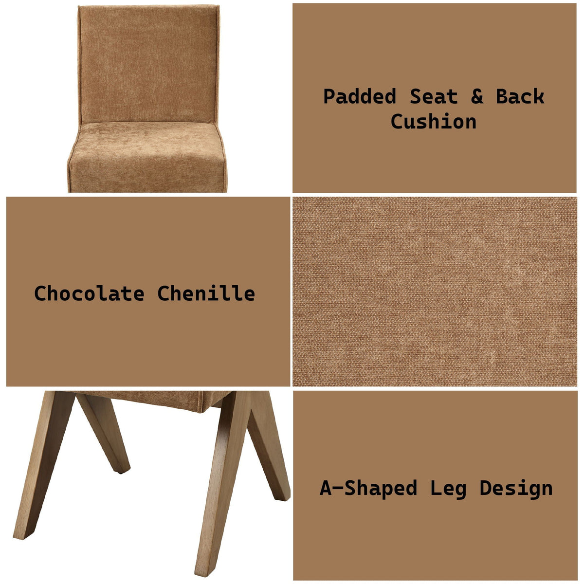 Zoey side chair set of 2 in chocolate chenille with padded seat & back, HouseOfZazla on Tampa Home & Garden Store