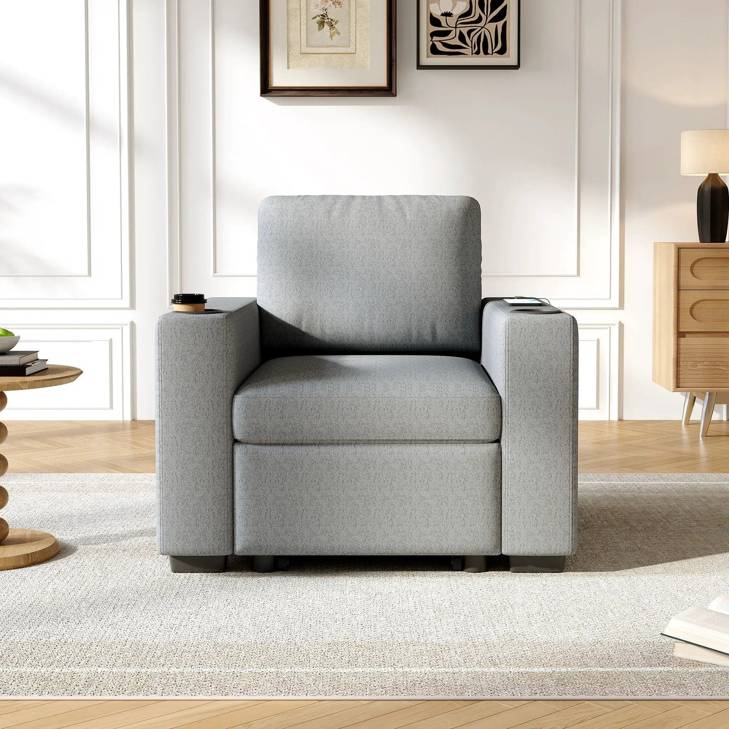 Single pull-out sleeper chair in gray with USB ports and cup holders, Unique Piece Furniture on Tampa Home & Garden Store
