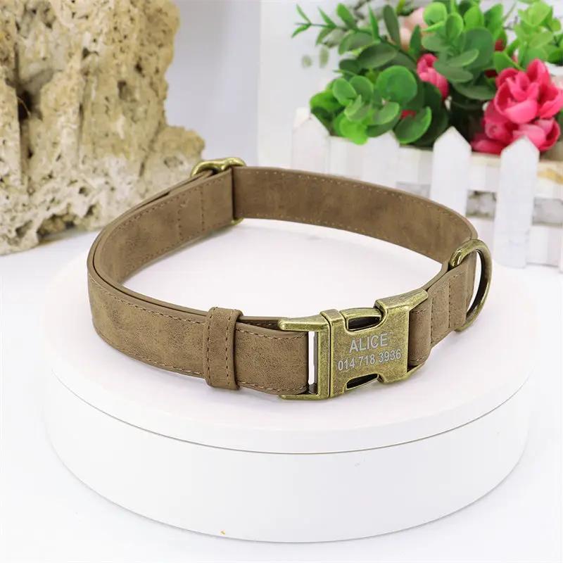 Brown leather dog collar with brass buckle and engraved ALICE name plate on Tampa Home & Garden Store