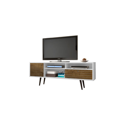 TV stand with wire management in white frame and brown wood doors, mid-century legs on Tampa Home & Garden Store