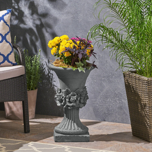 MGO Garden Urn Planter gray concrete with yellow marigolds and purple foliage on Tampa Home & Garden Store